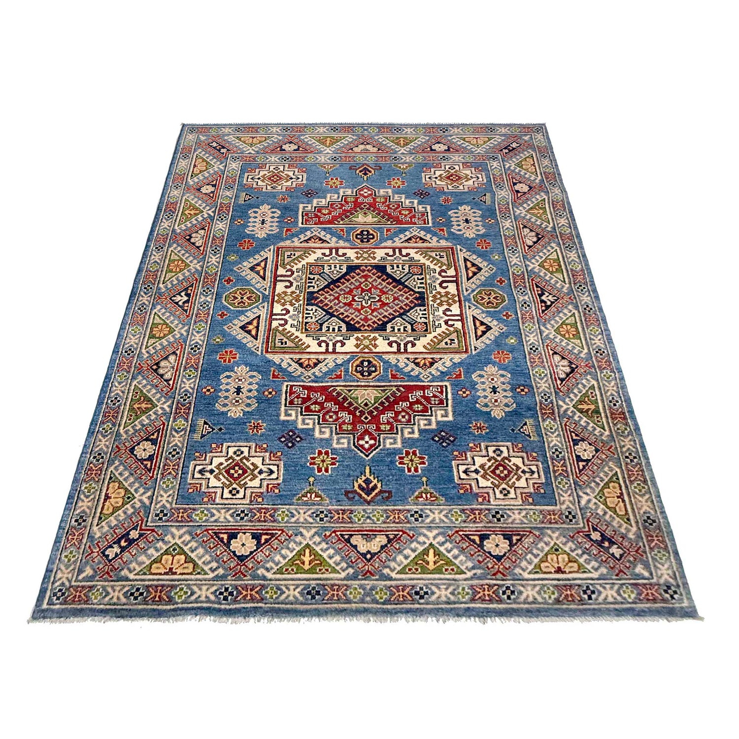 Kazak Rug Handmade Blue Medallion 4x7 ft