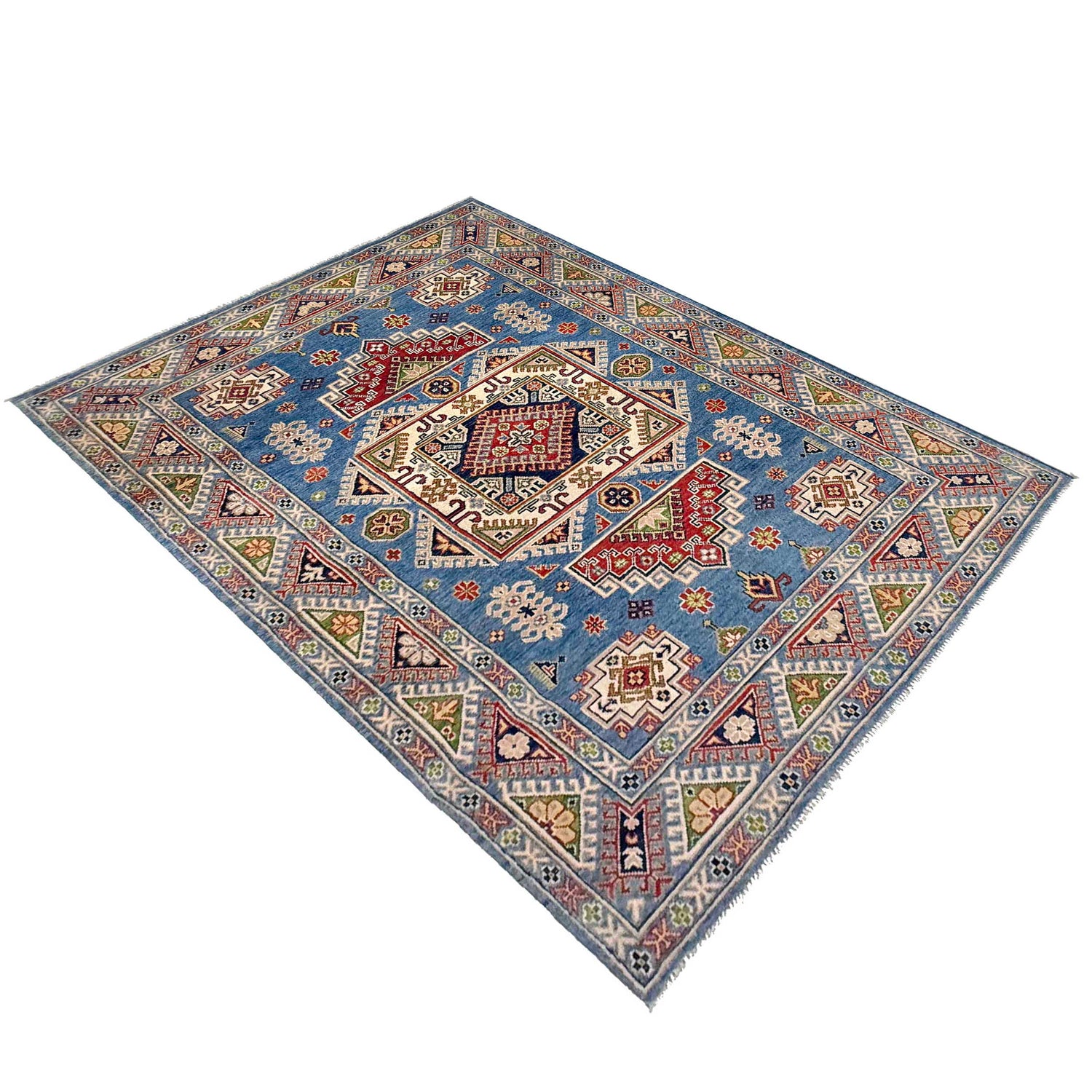Kazak Rug Handmade Blue Medallion 4x7 ft