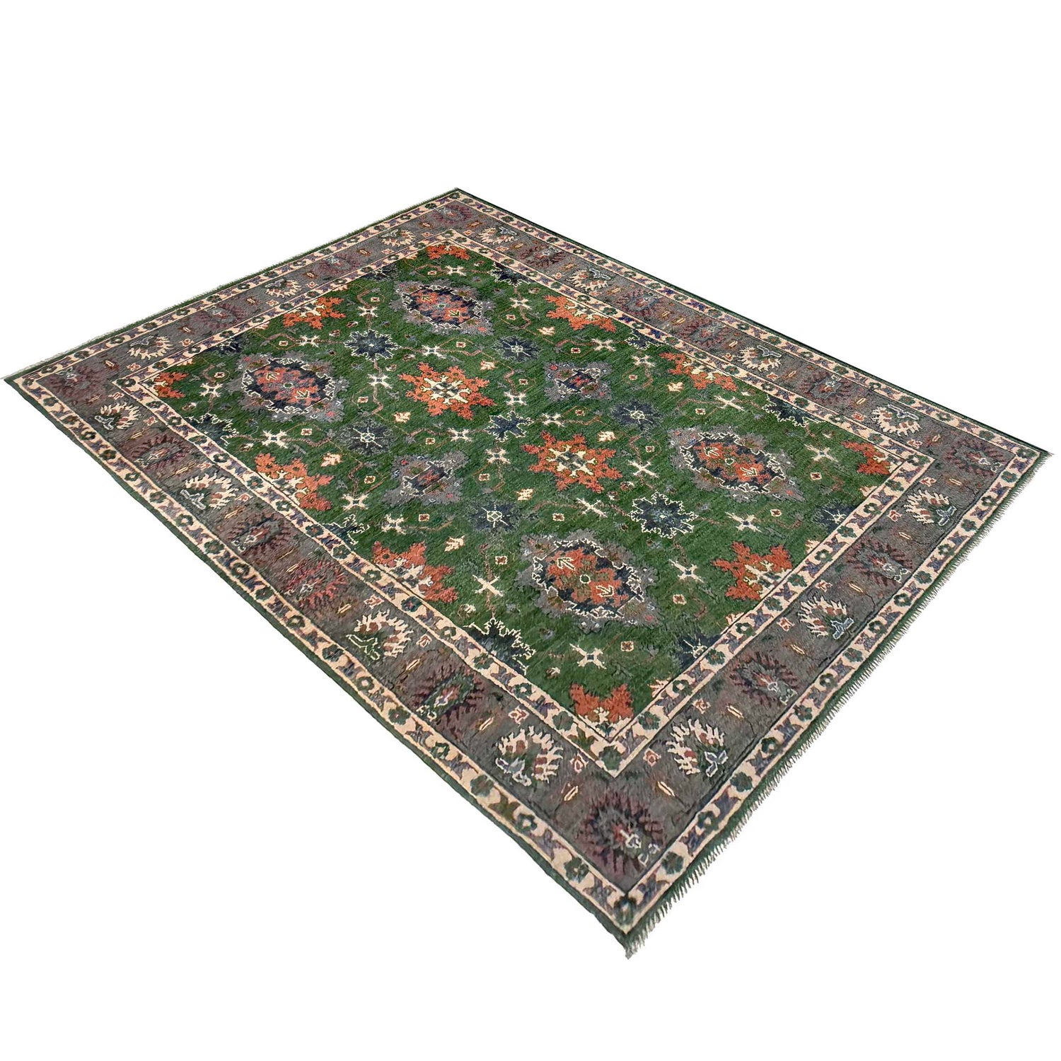 Kazak Rug Handmade Green Medallion 4x7 ft