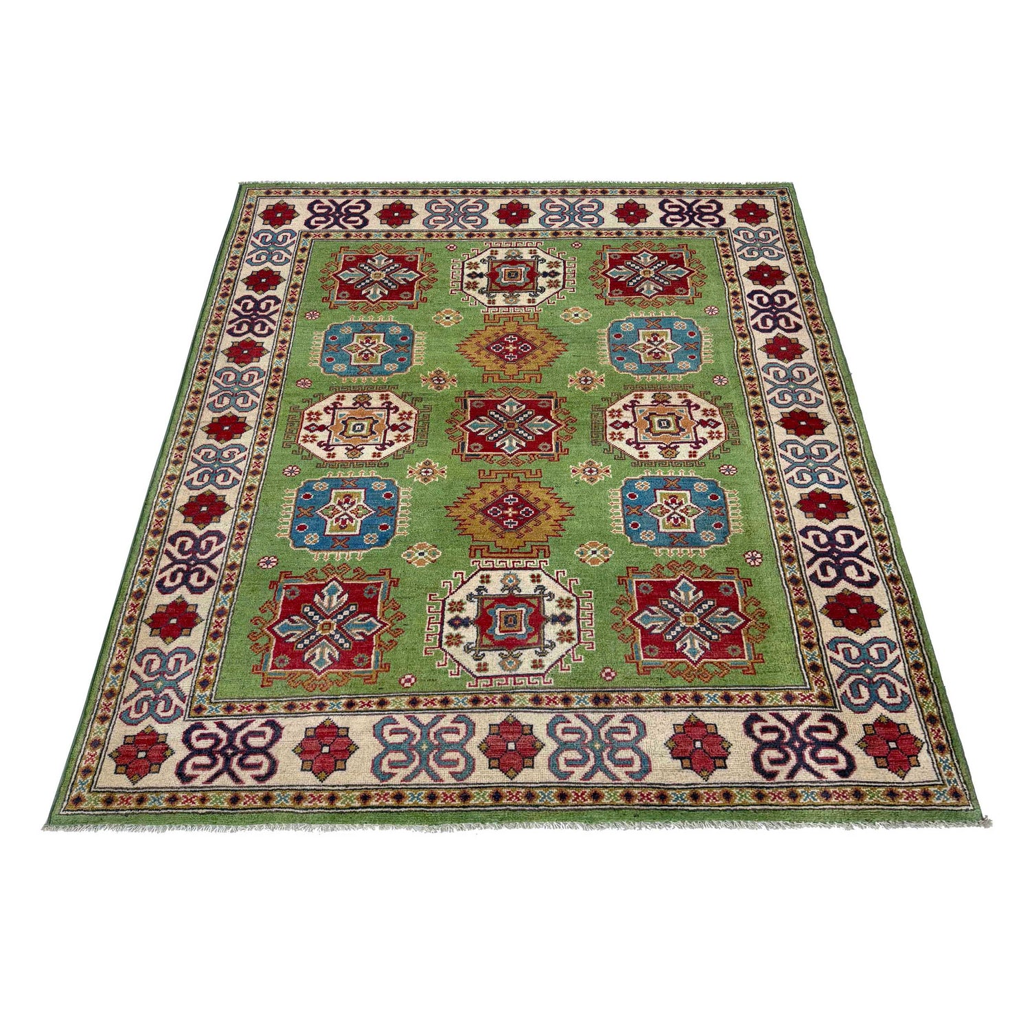 Kazak Rug Handmade Green Medallion 4x7 ft
