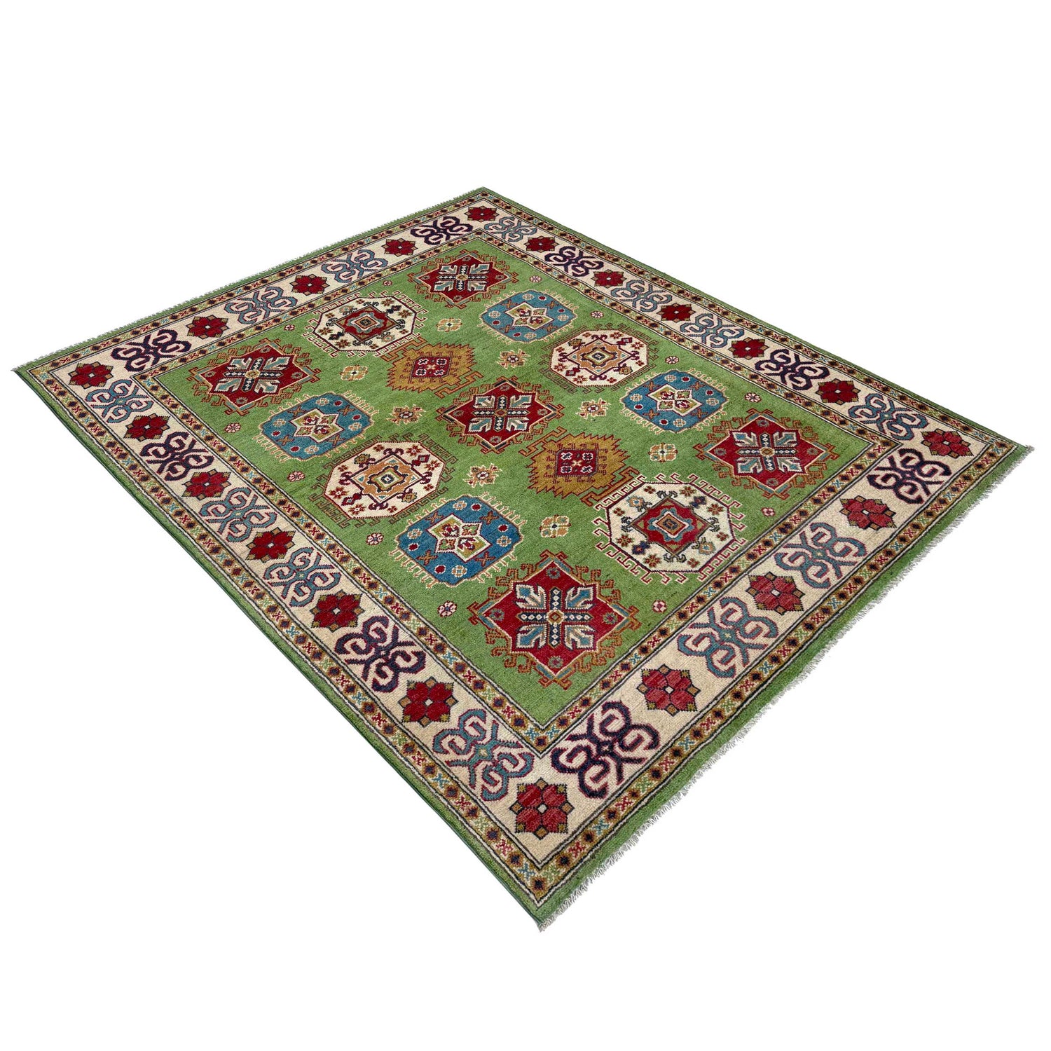 Kazak Rug Handmade Green Medallion 4x7 ft