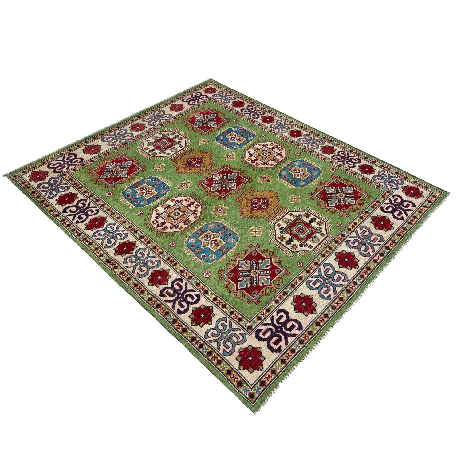 Kazak Rug Handmade Green Medallion 4x7 ft