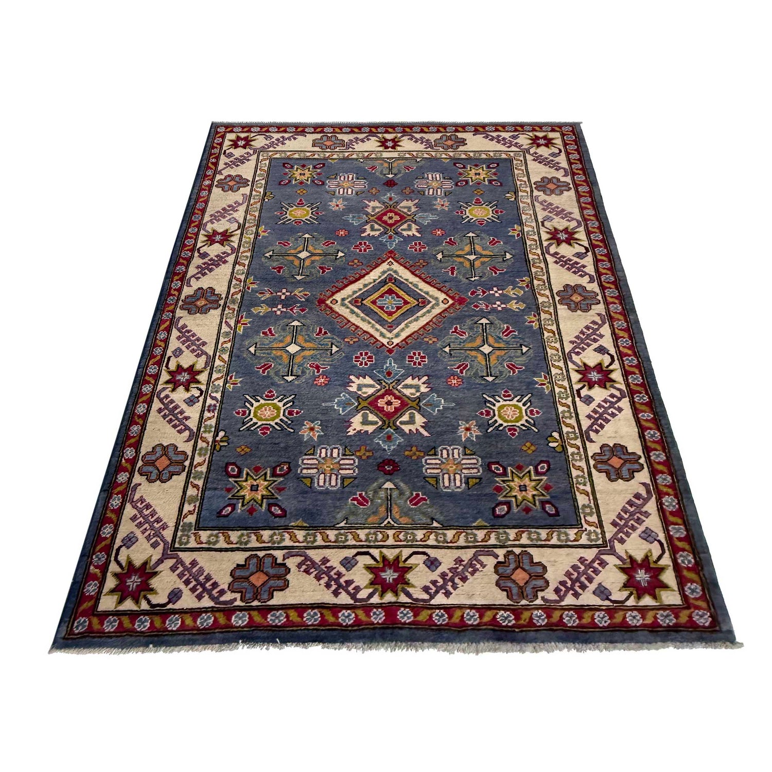 Kazak Rug Handmade Blue Medallion 4x7 ft