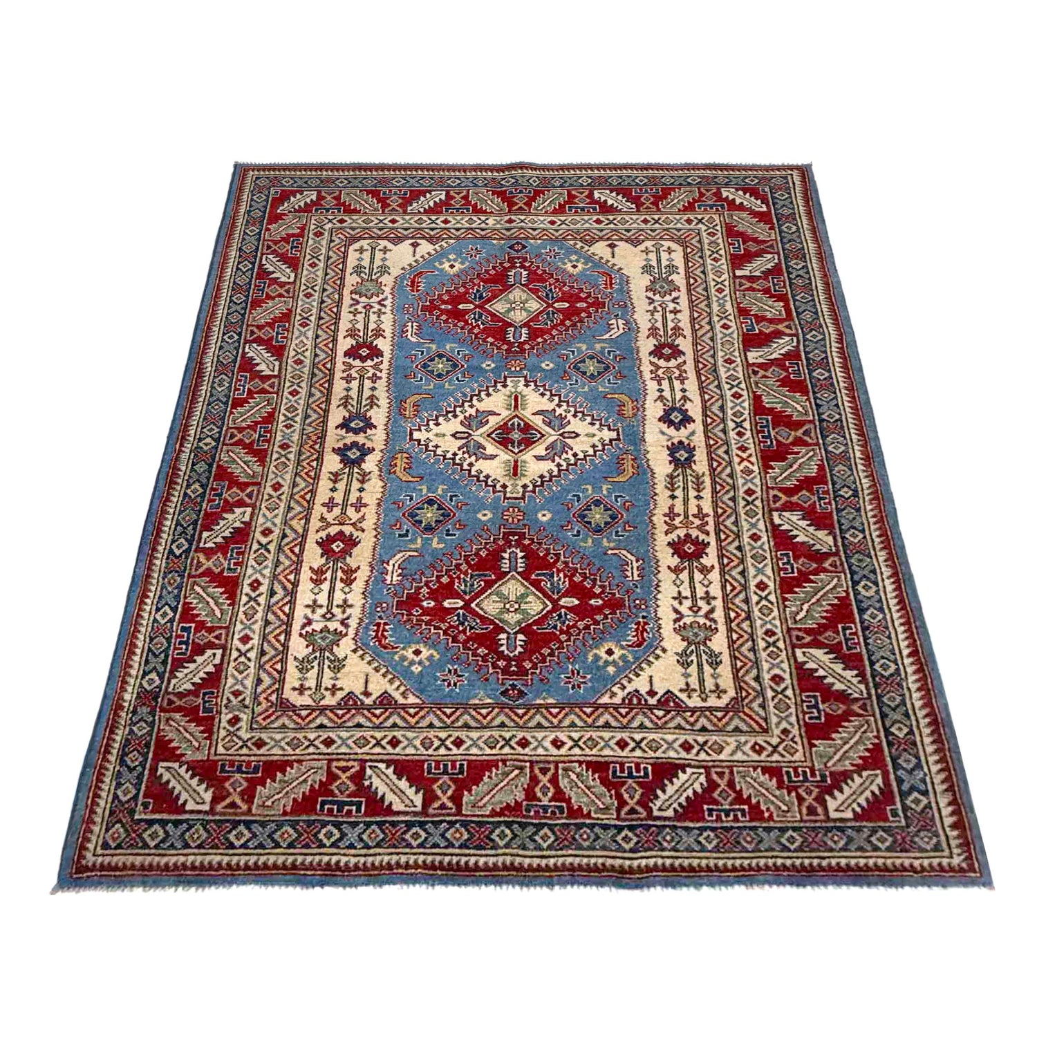Kazak Rug Handmade Blue Medallion 4x7 ft