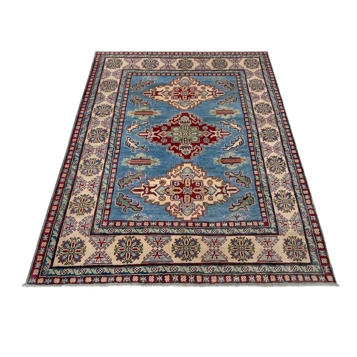 Kazak Rug Handmade Blue Medallion 4x7 ft