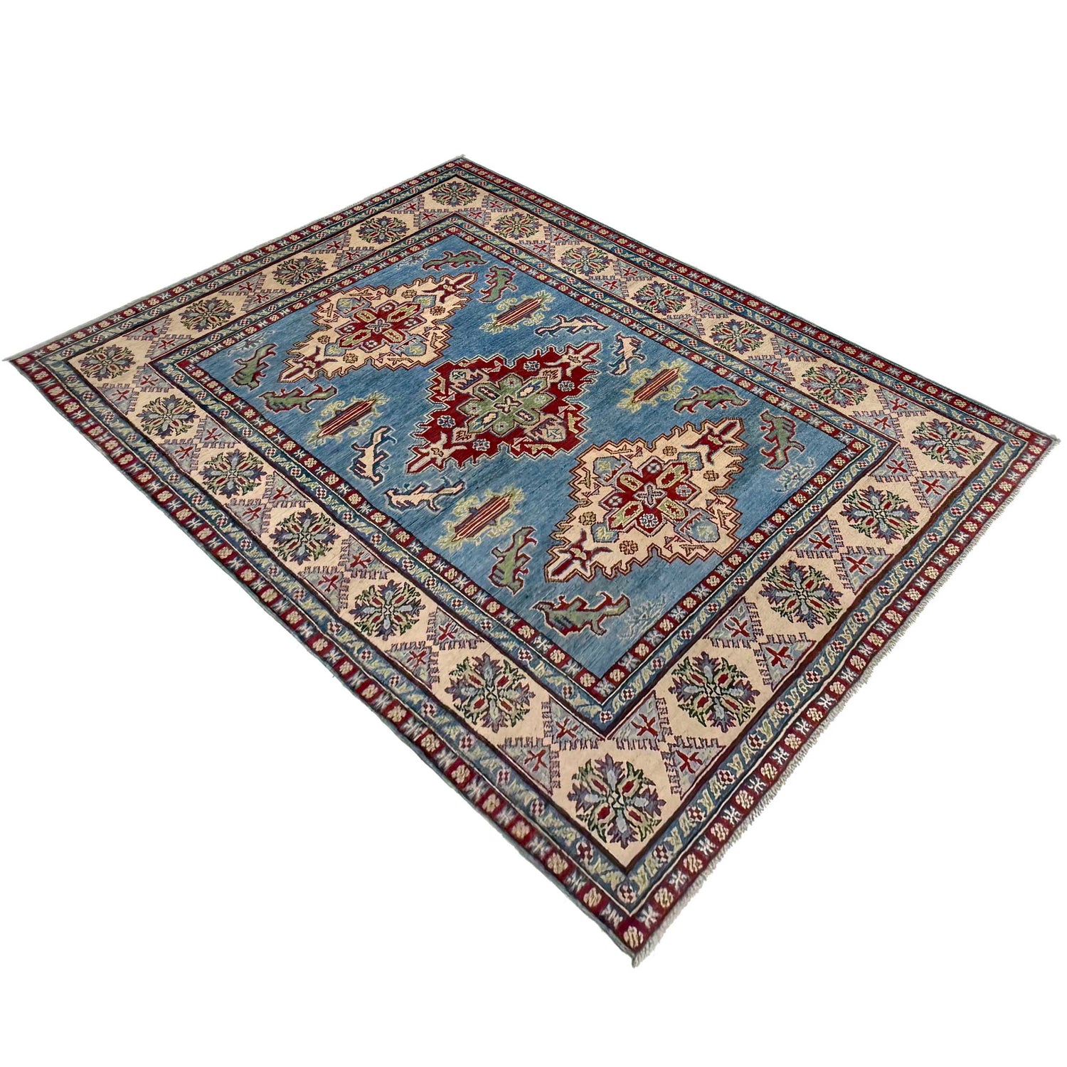 Kazak Rug Handmade Blue Medallion 4x7 ft