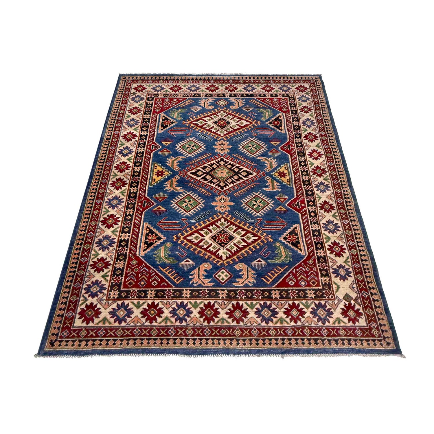 Kazak Rug Handmade Blue Medallion 4x7 ft