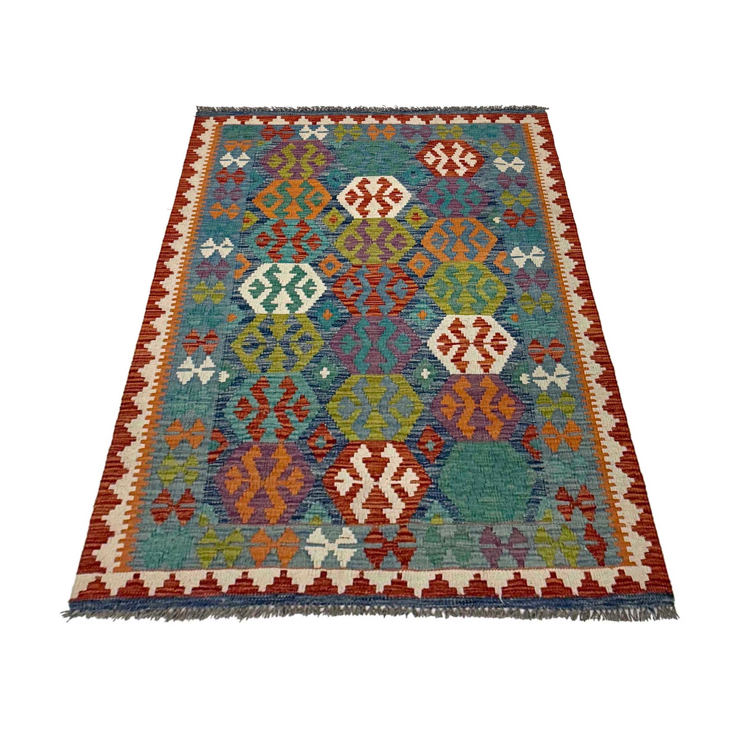 Hand-Knotted Multi Geometric Vegetable Kilim Area Rug – 3' 6" x 5' 3" ft (107 x 160 cm) | SKU: G38925