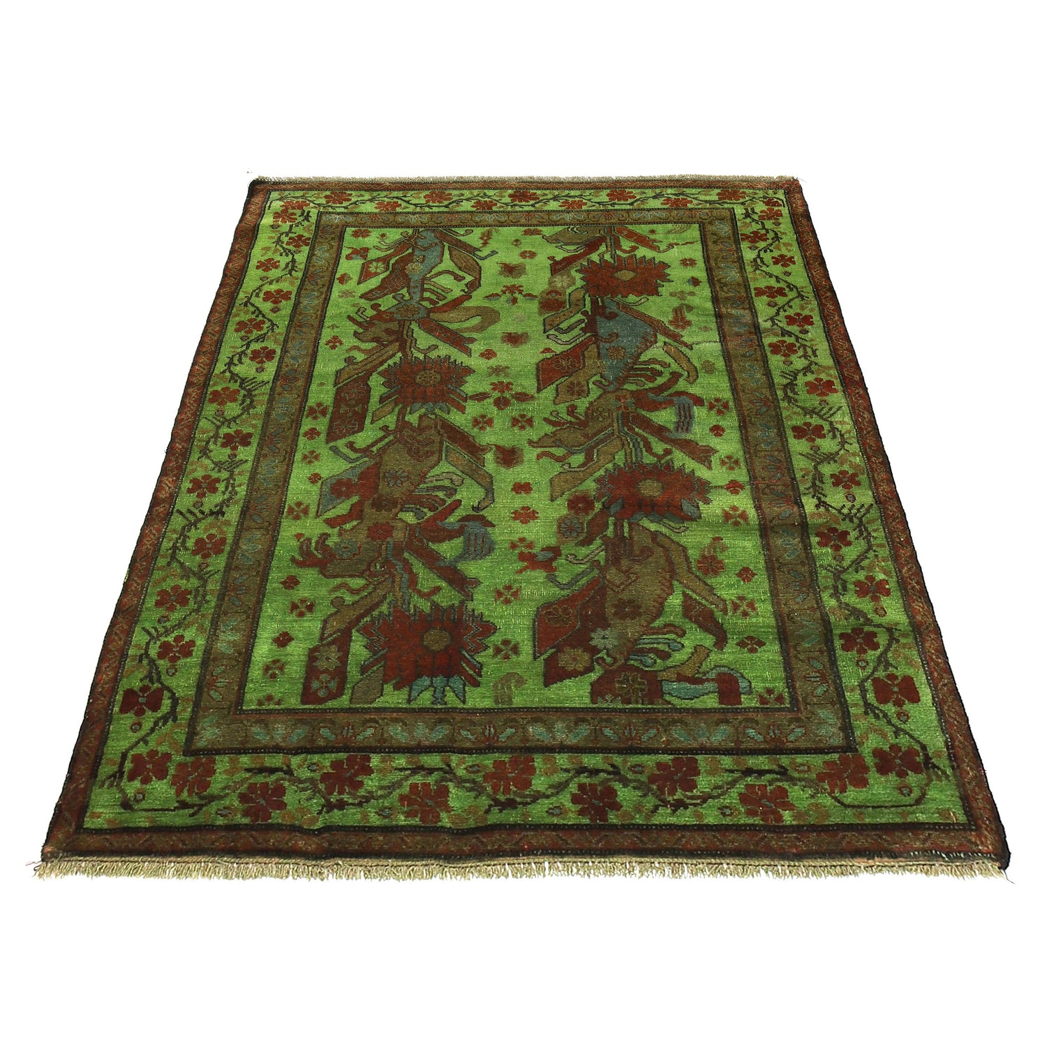 Overdyed Area Rug Handmade Green Geometric 4x6 ft