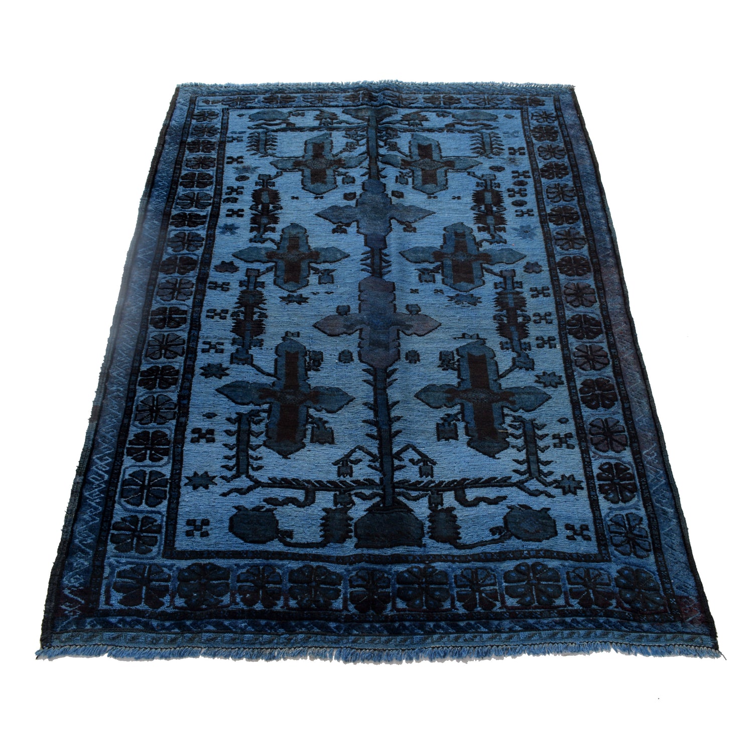 Overdyed Area Rug Handmade Blue Geometric 4x6 ft