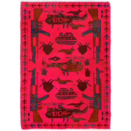 War Area Rug Handmade Pink Riffle + Helicopter 3x5 ft