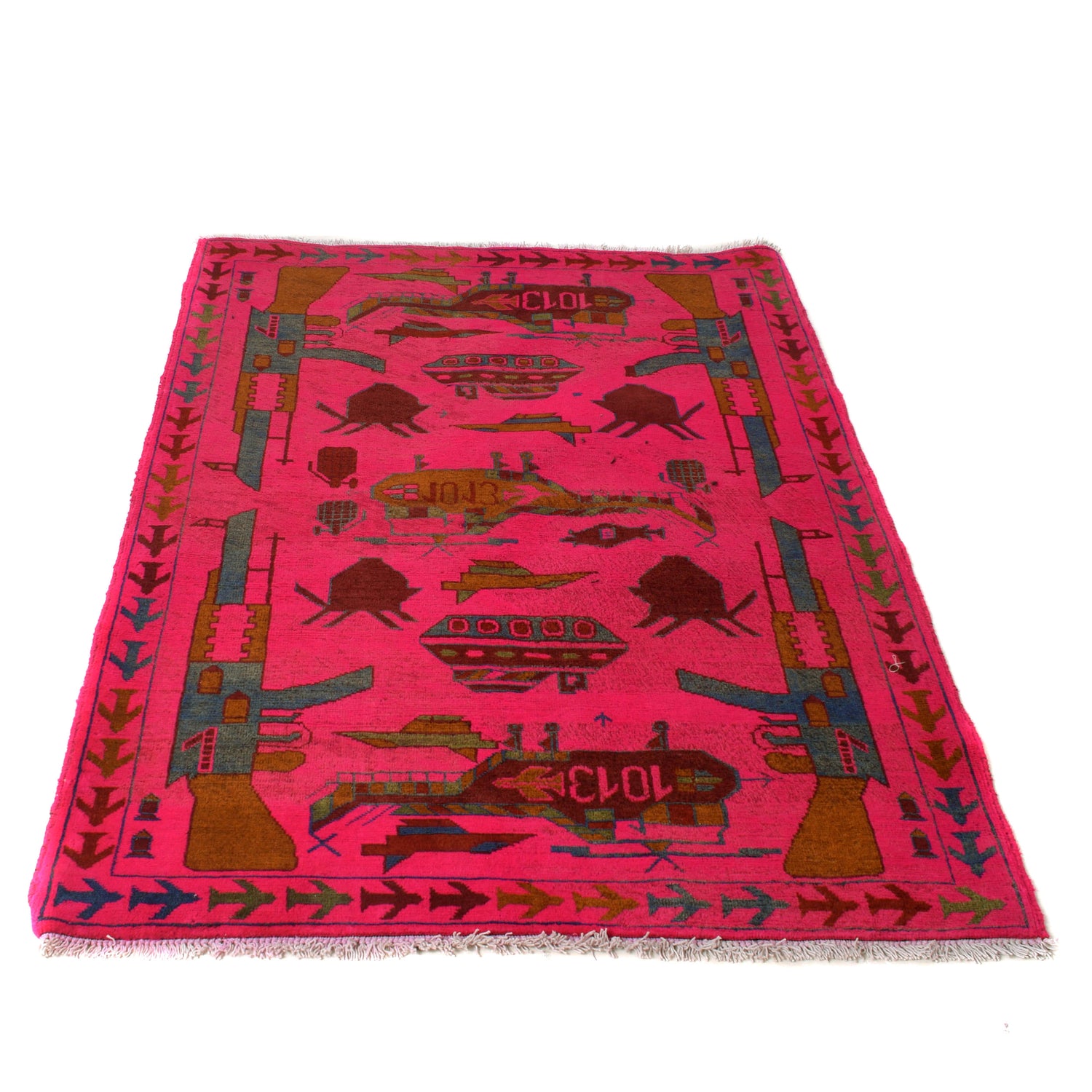 War Area Rug Handmade Pink Riffle + Helicopter 3x5 ft