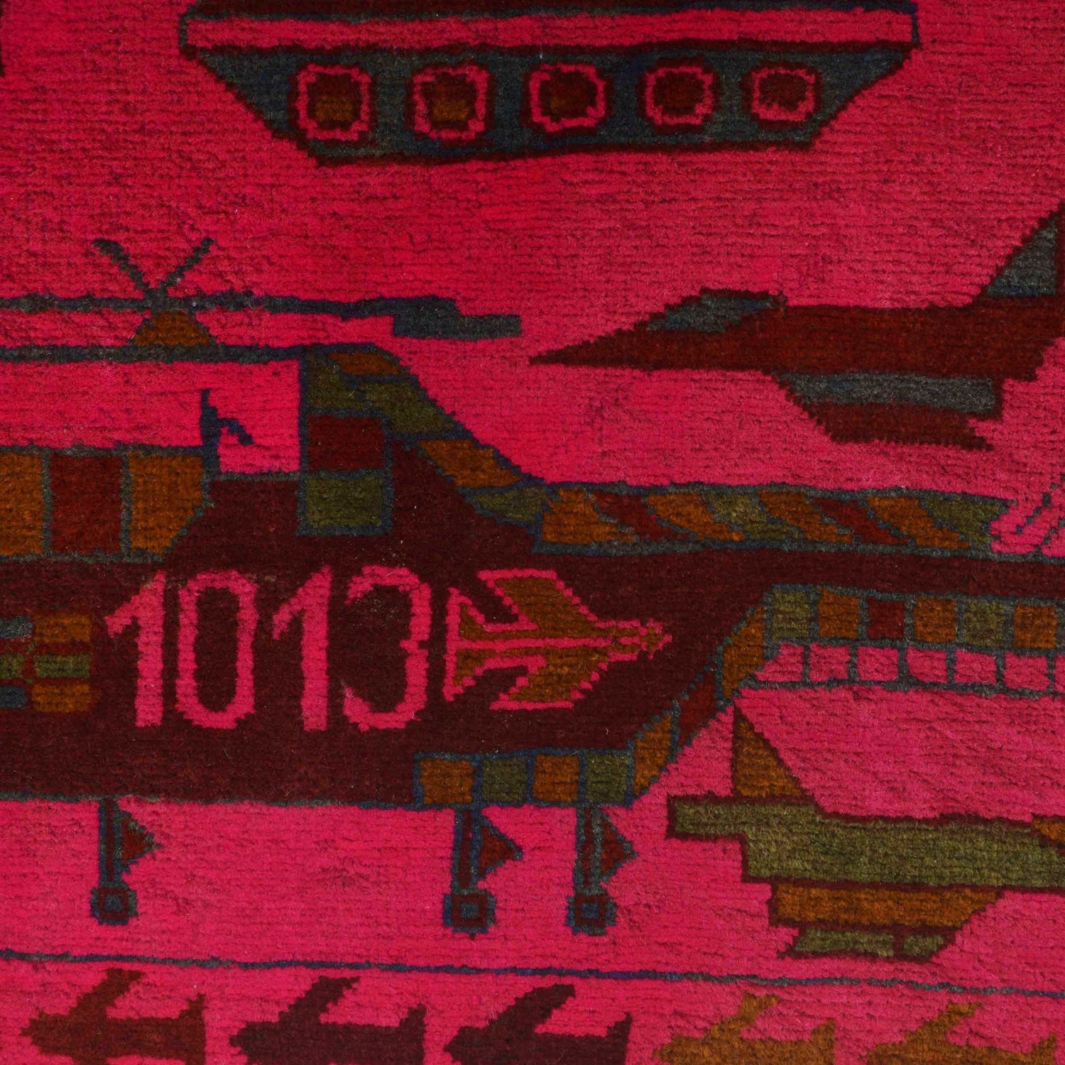 War Area Rug Handmade Pink Riffle + Helicopter 3x5 ft