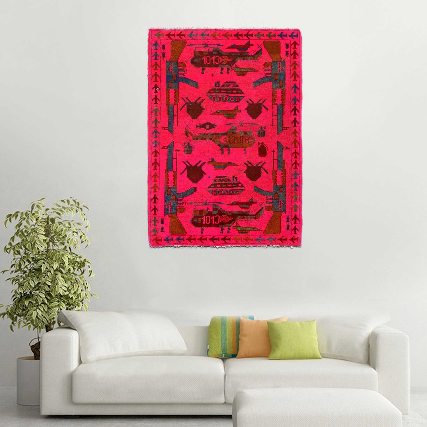 War Area Rug Handmade Pink Riffle + Helicopter 3x5 ft