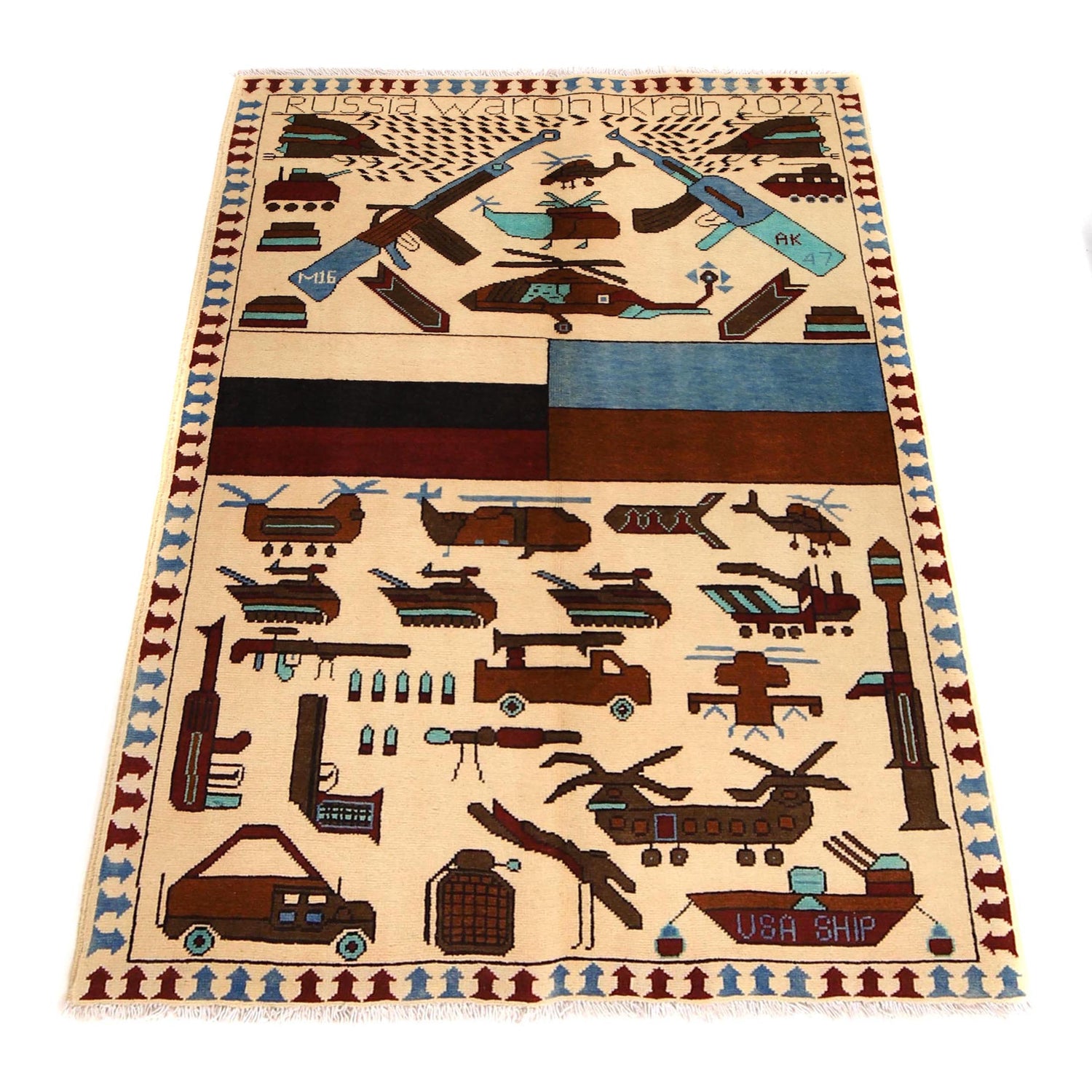 War Area Rug Handmade Beige Riffle + Helicopter 3x5 ft