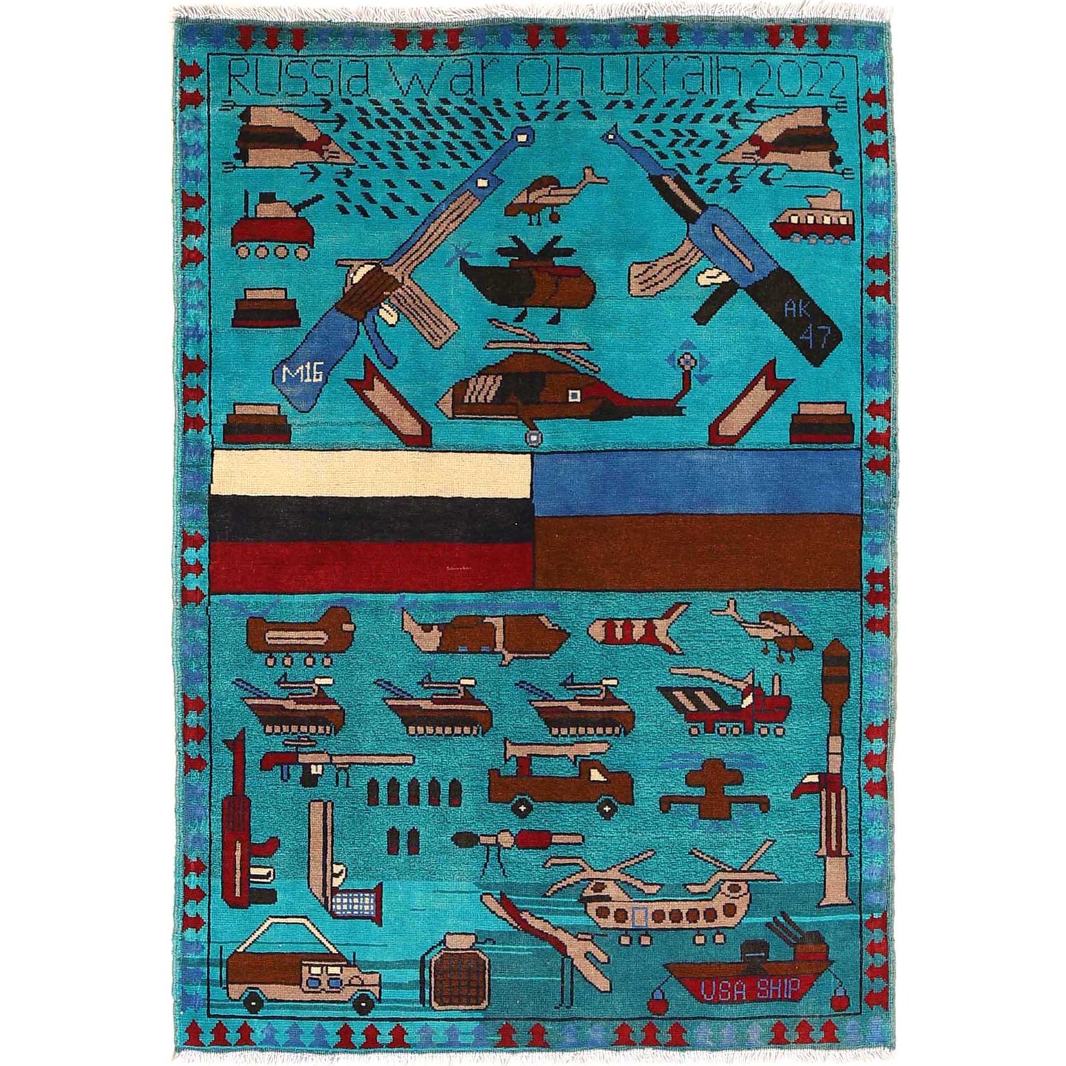 War Area Rug Handmade Blue Riffle + Helicopter 3x5 ft