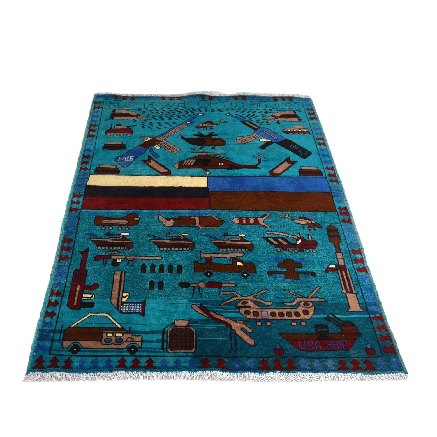 War Area Rug Handmade Blue Riffle + Helicopter 3x5 ft