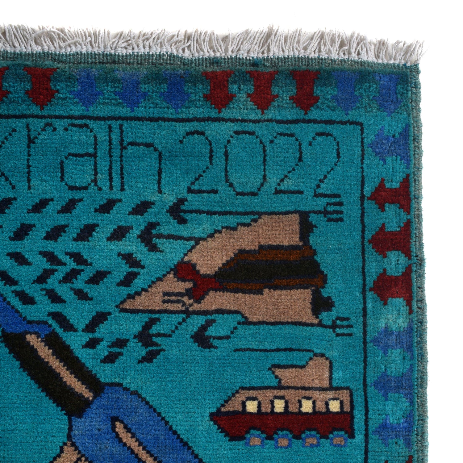 War Area Rug Handmade Blue Riffle + Helicopter 3x5 ft