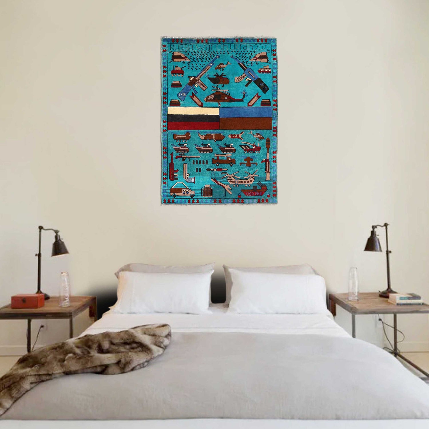 War Area Rug Handmade Blue Riffle + Helicopter 3x5 ft