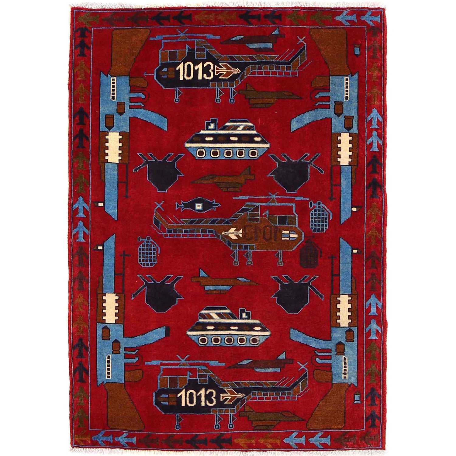 War Area Rug Handmade Red Riffle + Helicopter 3x5 ft