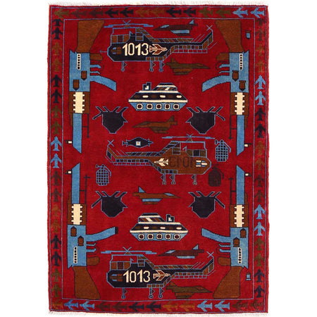 War Area Rug Handmade Red Riffle + Helicopter 3x5 ft