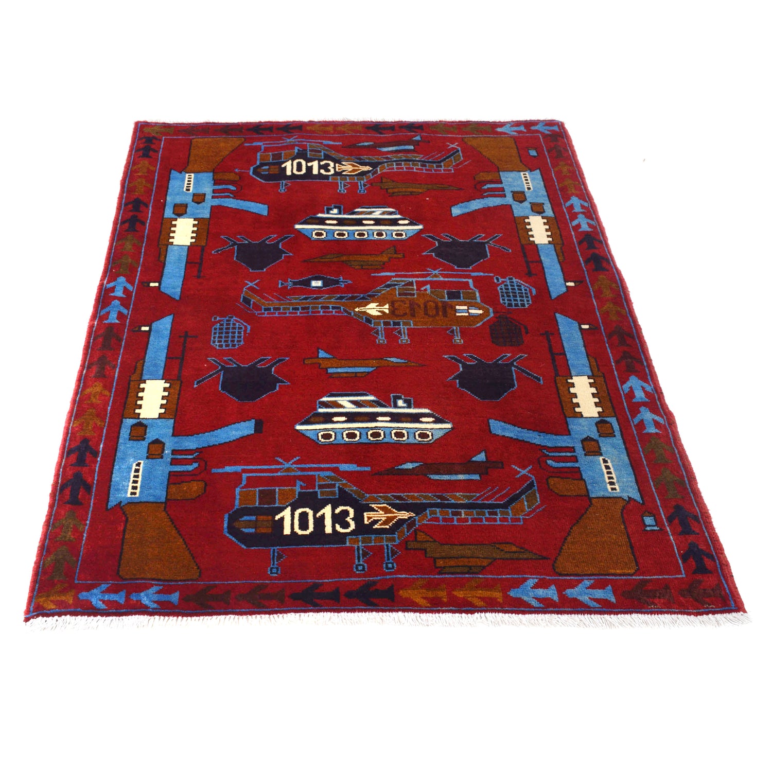 War Area Rug Handmade Red Riffle + Helicopter 3x5 ft