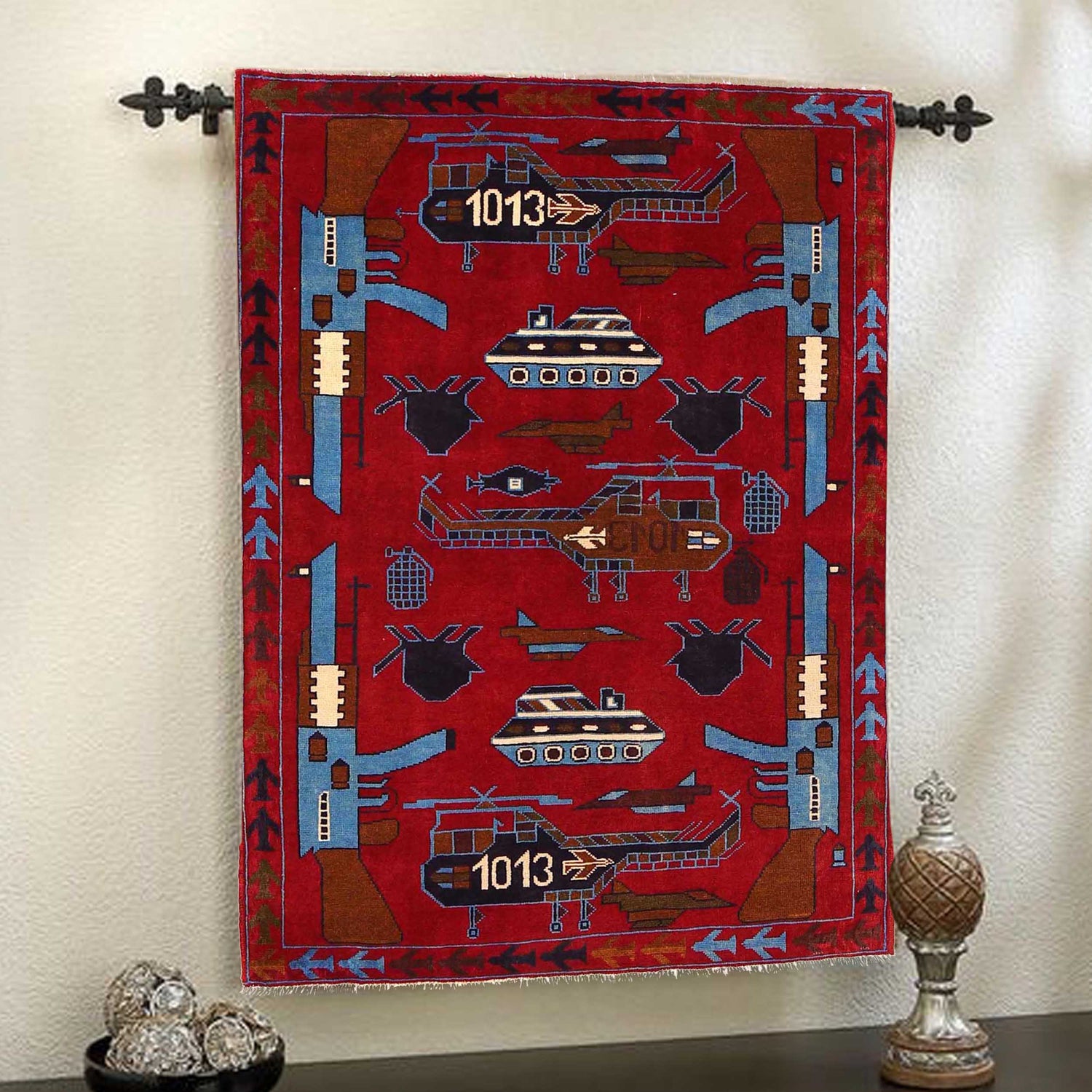 War Area Rug Handmade Red Riffle + Helicopter 3x5 ft