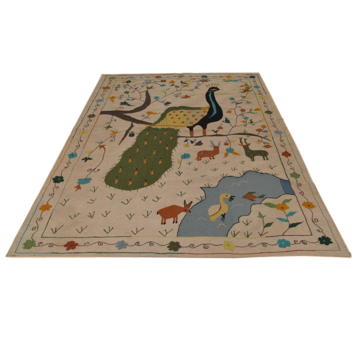 Embroidery Kilim Area Rug Handmade Beige Animal 5x8 ft