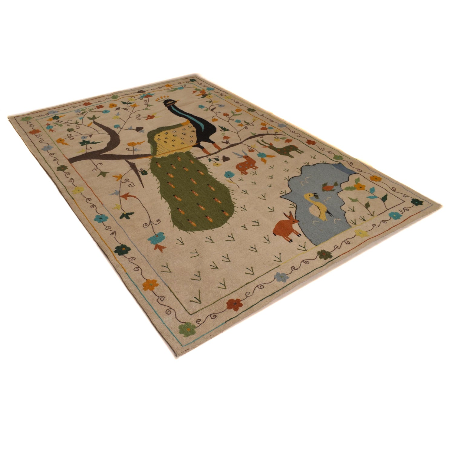 Embroidery Kilim Area Rug Handmade Beige Animal 5x8 ft