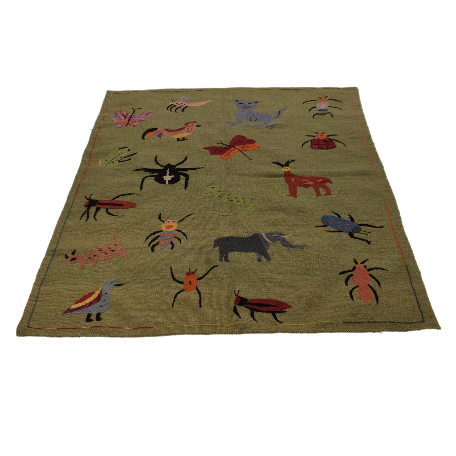 Embroidery Kilim Area Rug Handmade Green Animal 4x6 ft