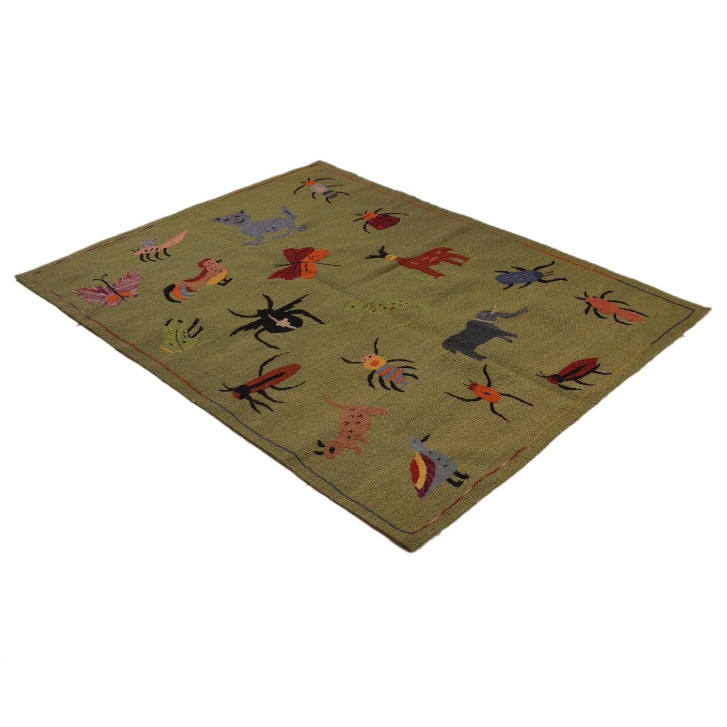 Embroidery Kilim Area Rug Handmade Green Animal 4x6 ft