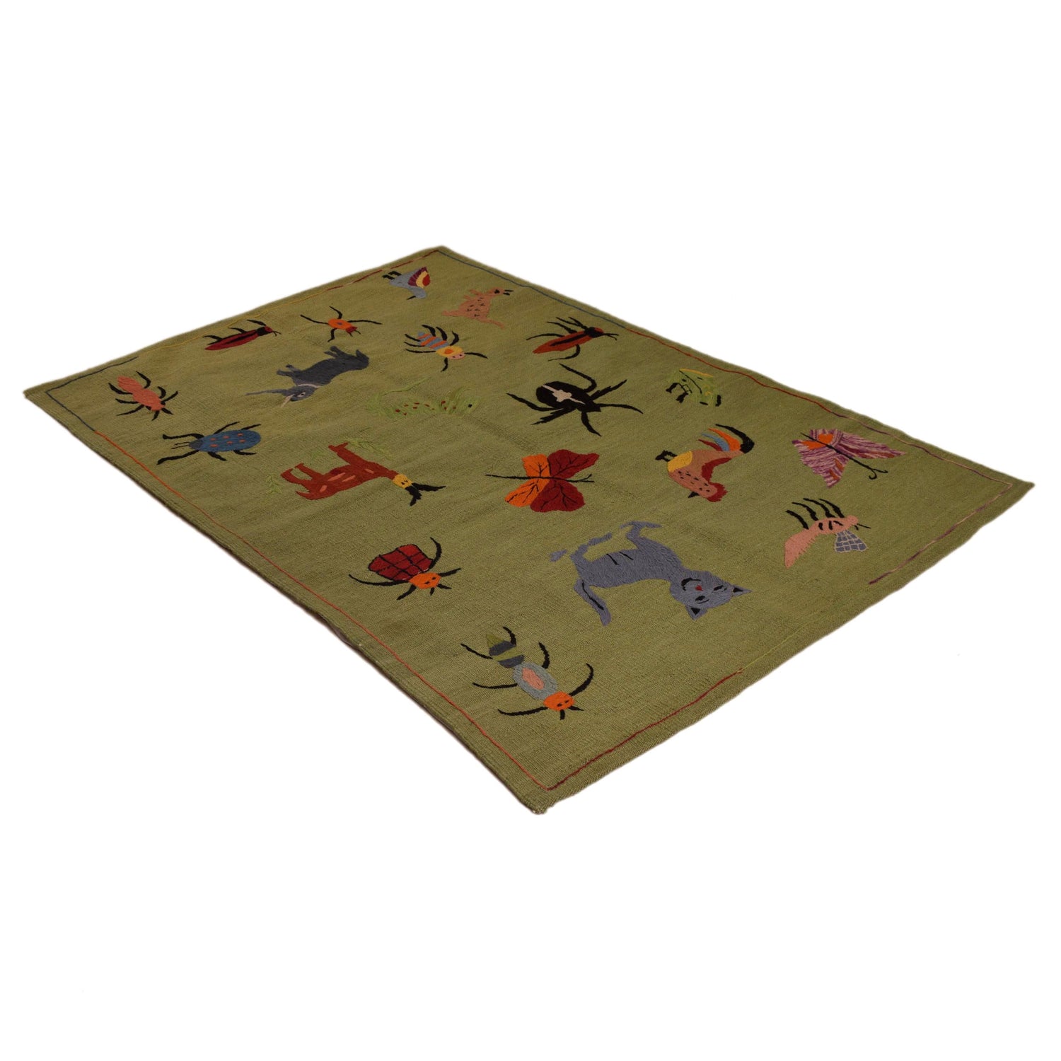 Embroidery Kilim Area Rug Handmade Green Animal 4x6 ft