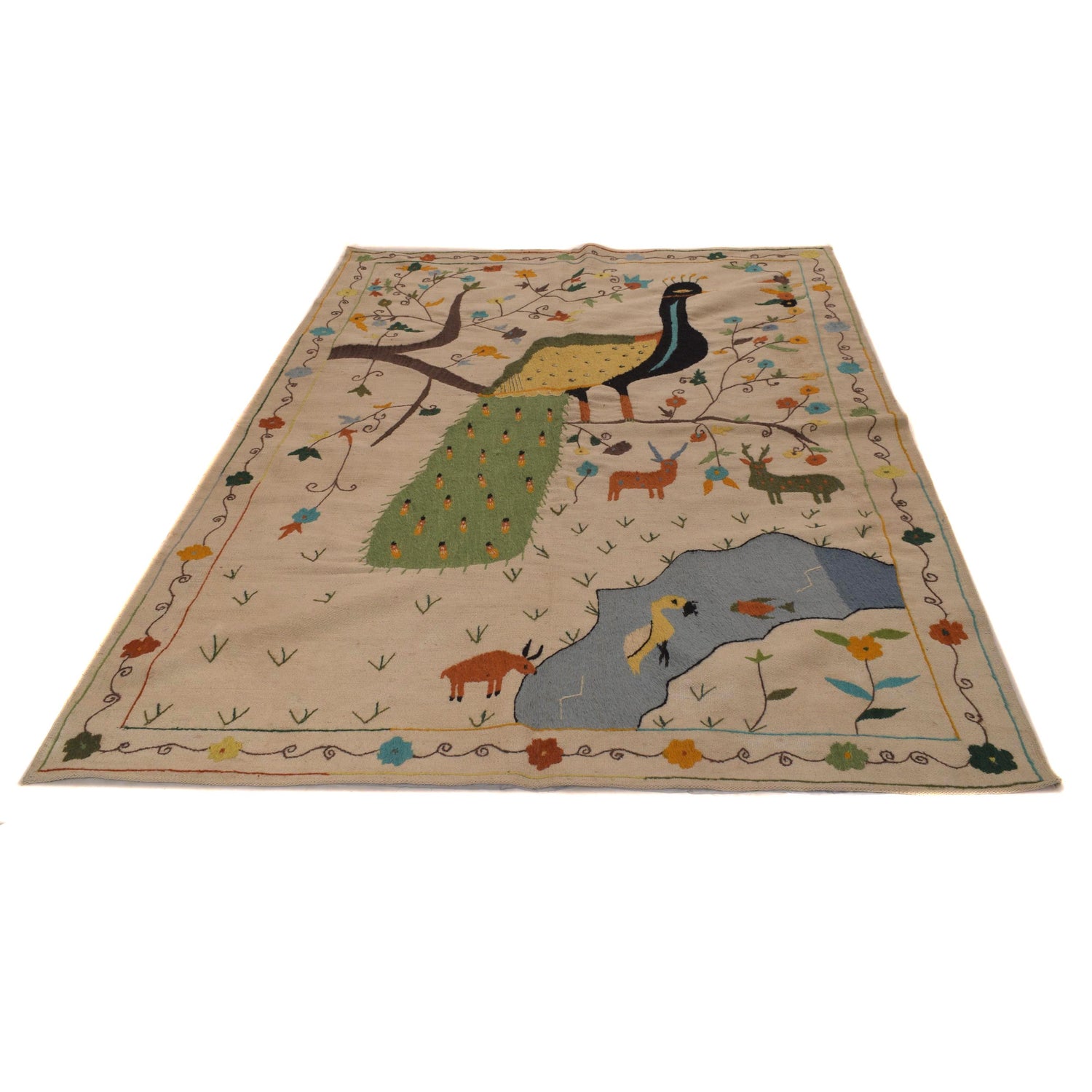 Embroidery Kilim Area Rug Handmade Beige Animal 5x8 ft