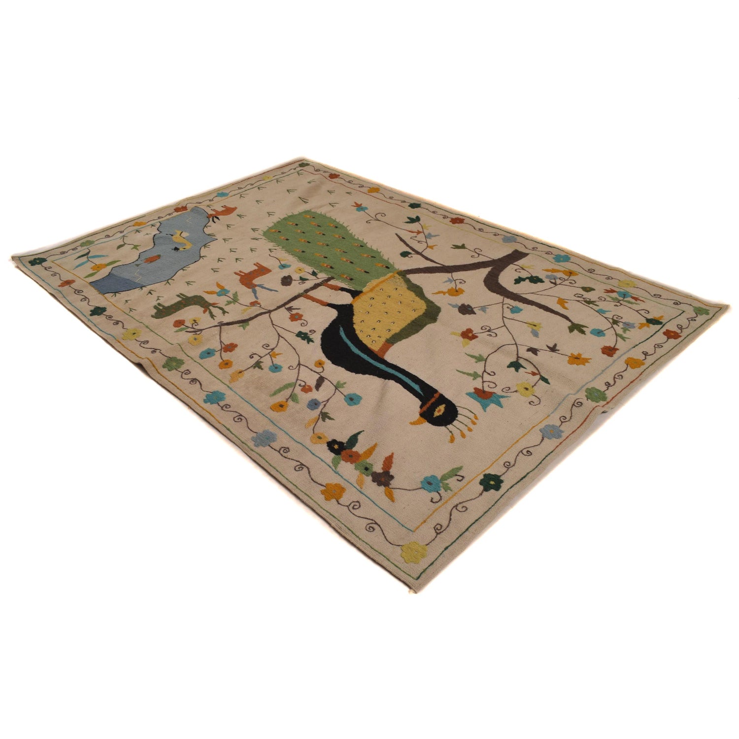 Embroidery Kilim Area Rug Handmade Beige Animal 5x8 ft