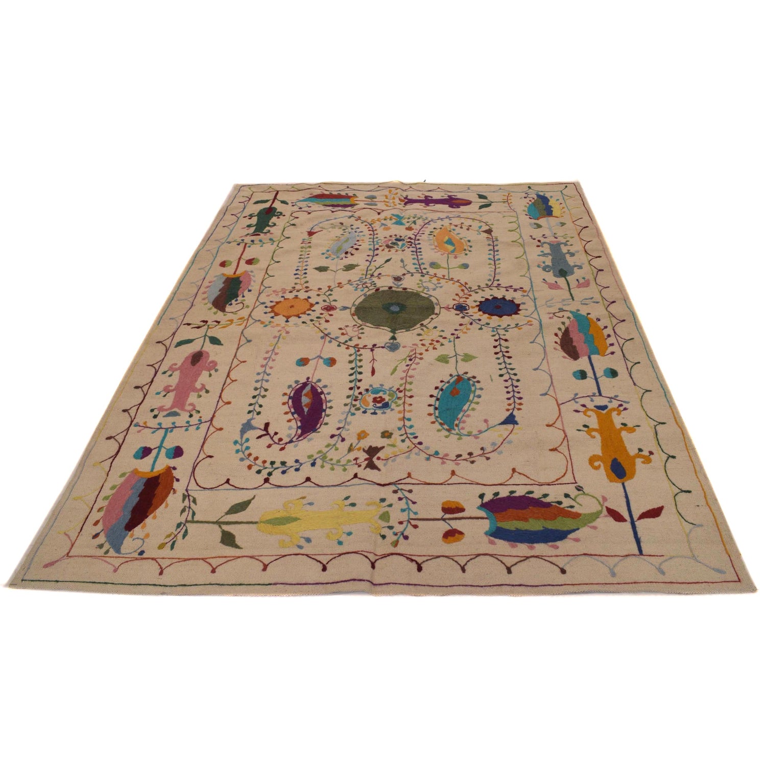 Embroidery Kilim Area Rug Handmade Beige Animal 5x8 ft