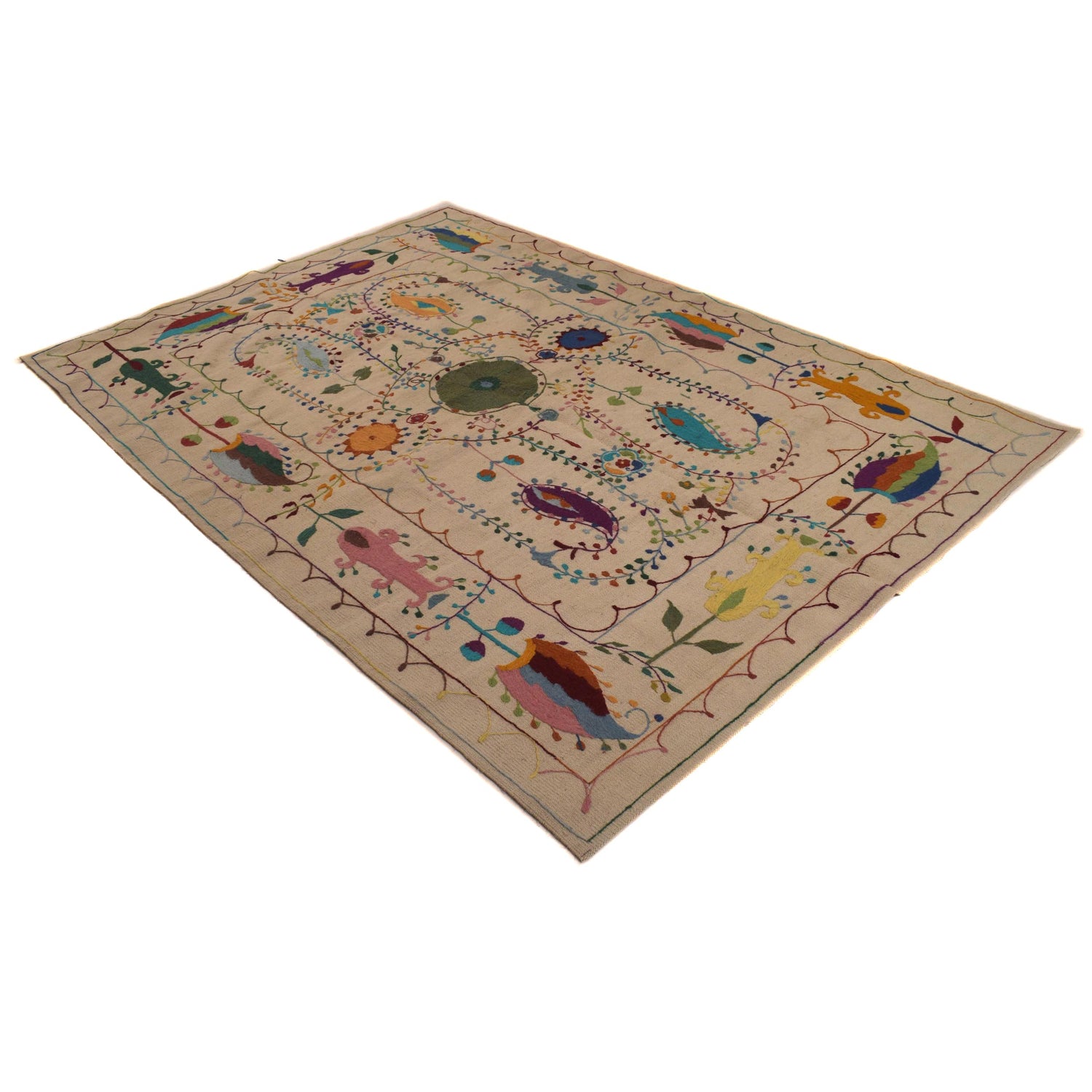 Embroidery Kilim Area Rug Handmade Beige Animal 5x8 ft