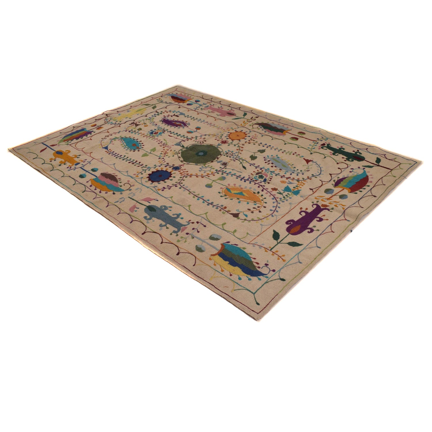 Embroidery Kilim Area Rug Handmade Beige Animal 5x8 ft