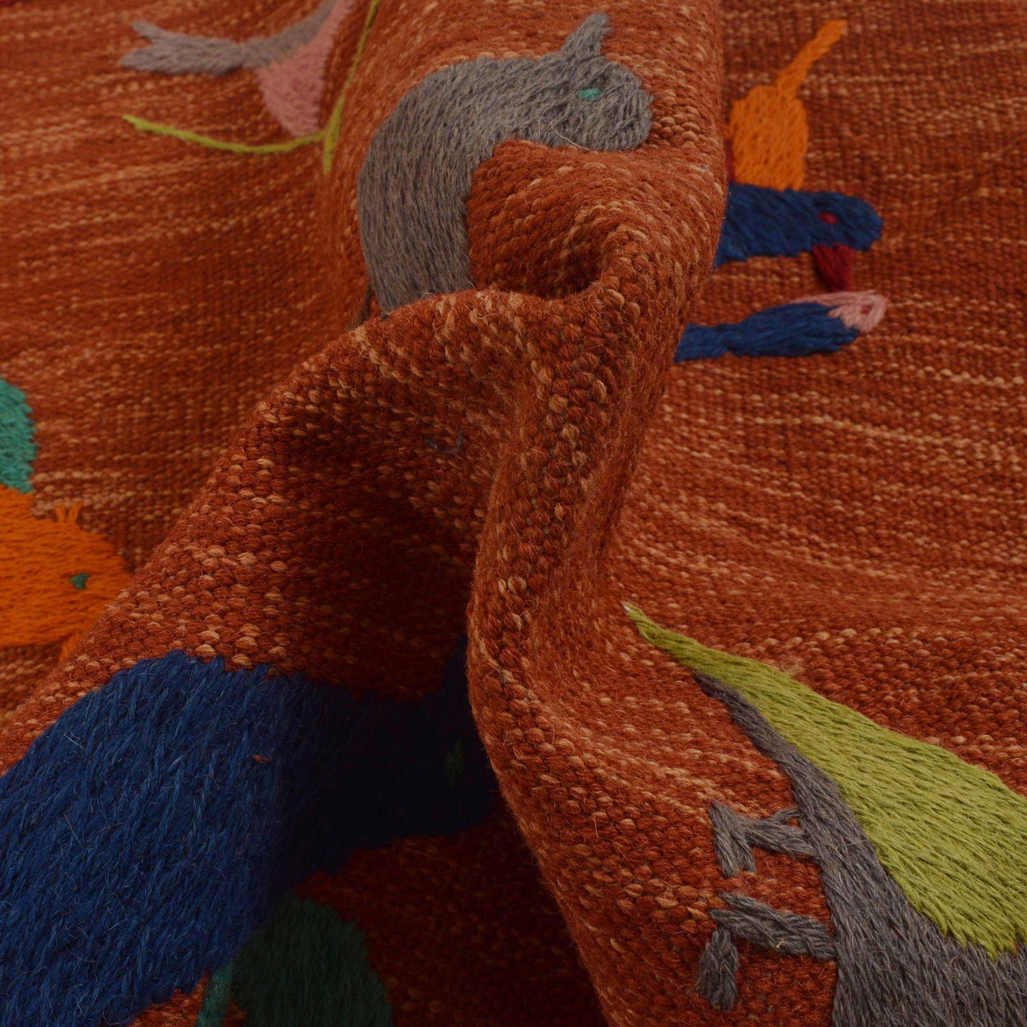 Embroidery Kilim Area Rug Handmade Red Animal 2x4 ft