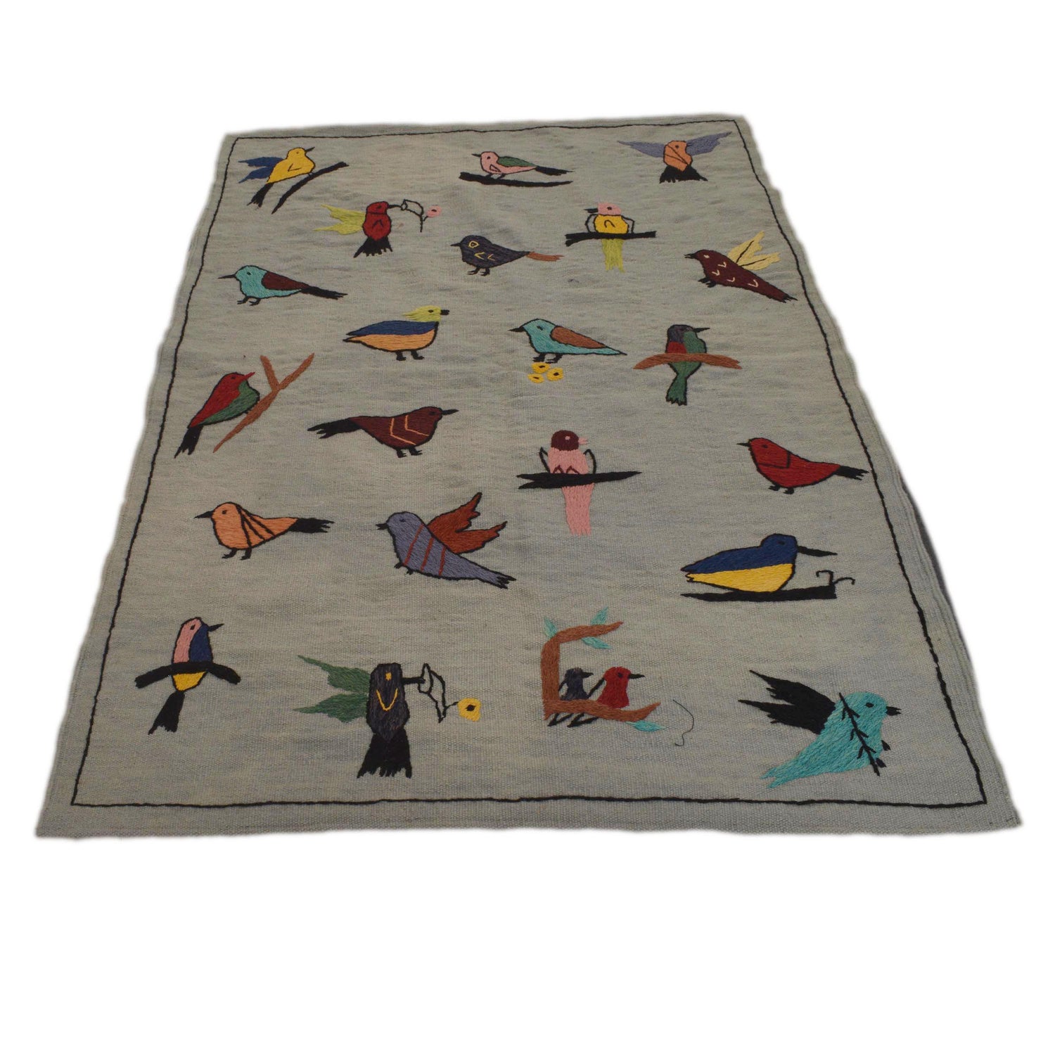 Embroidery Kilim Area Rug Handmade Gray Animal 4x6 ft