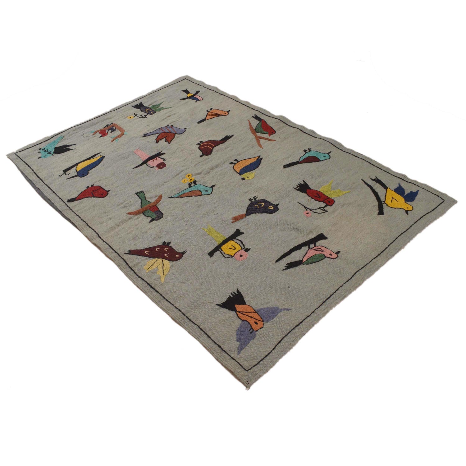 Embroidery Kilim Area Rug Handmade Gray Animal 4x6 ft