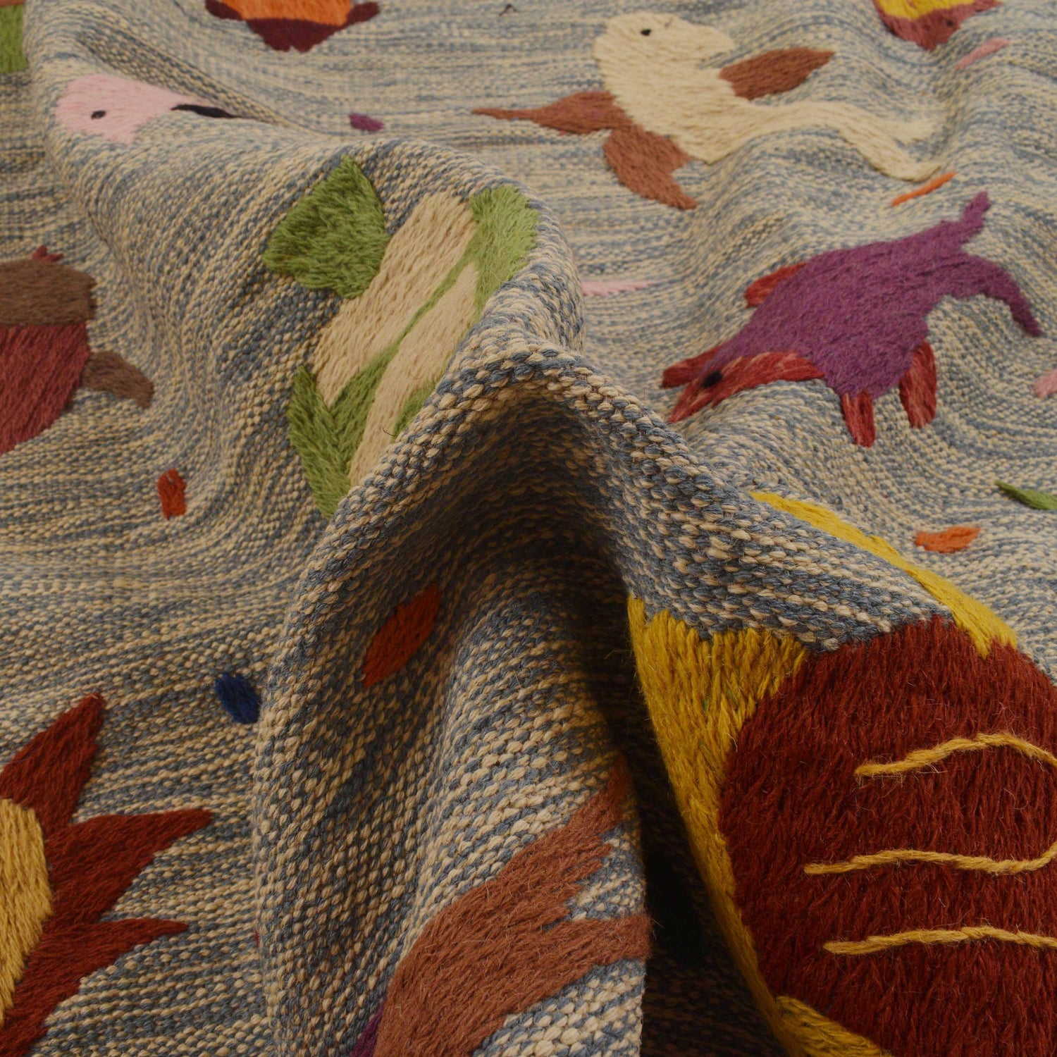 Embroidery Kilim Area Rug Handmade Multi Animal 5x8 ft