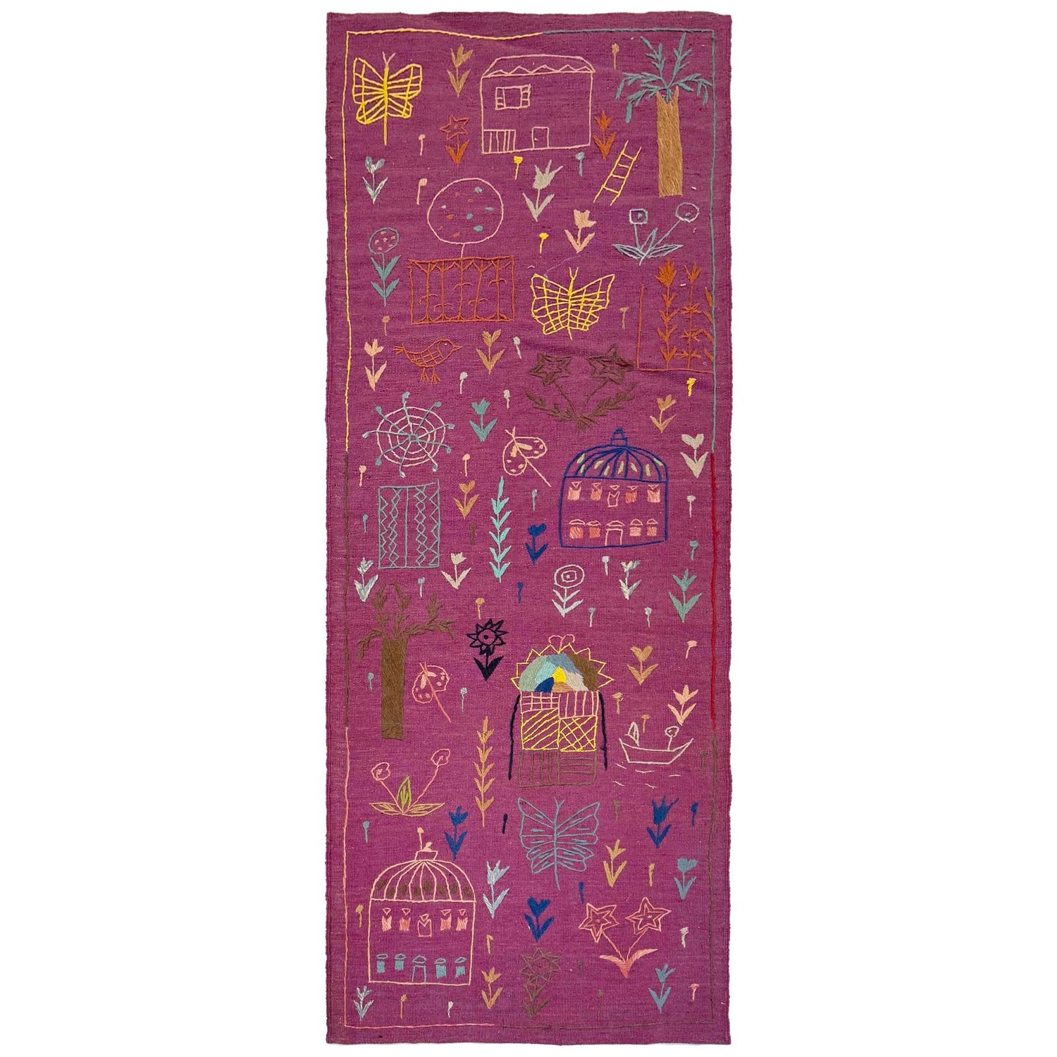 Embroidery Kilim Runner Handmade Purple Animal 8' Runner