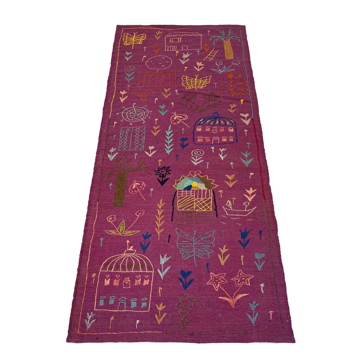 Embroidery Kilim Runner Handmade Purple Animal 8' Runner