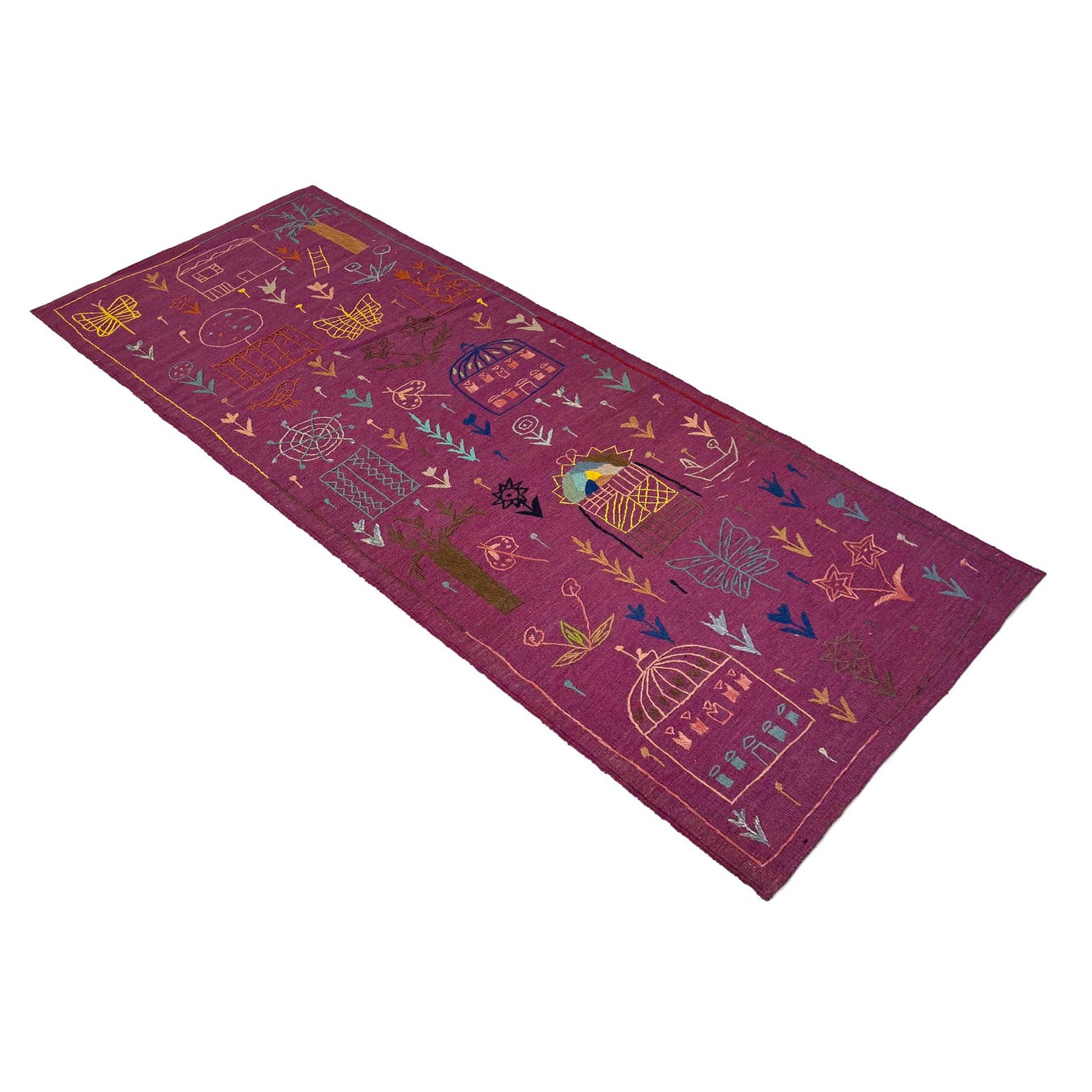 Embroidery Kilim Runner Handmade Purple Animal 8' Runner