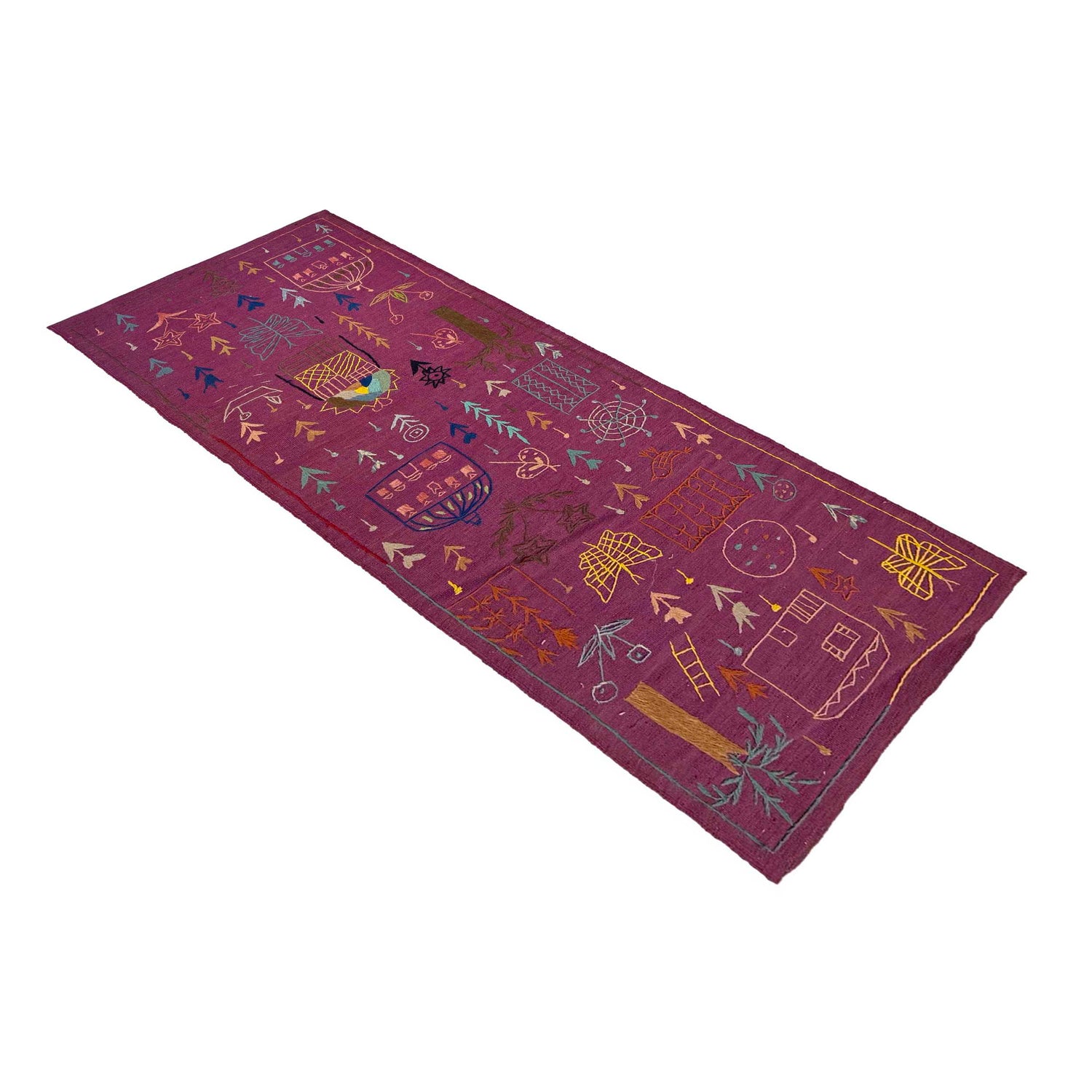Embroidery Kilim Runner Handmade Purple Animal 8' Runner