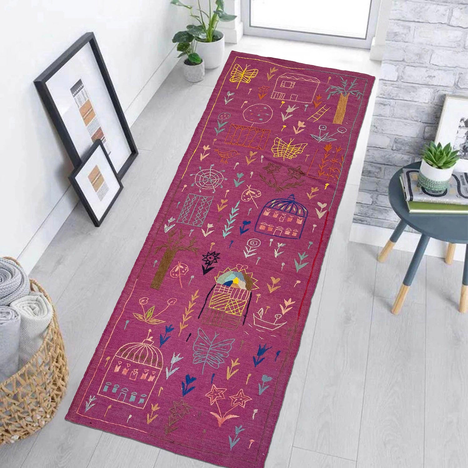 Embroidery Kilim Runner Handmade Purple Animal 8' Runner