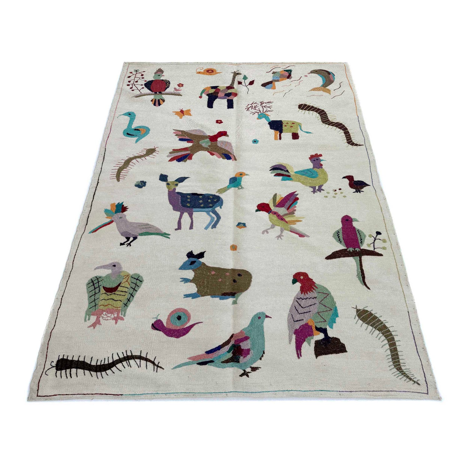 Embroidery Kilim Area Rug Handmade Beige Animal 4x6 ft