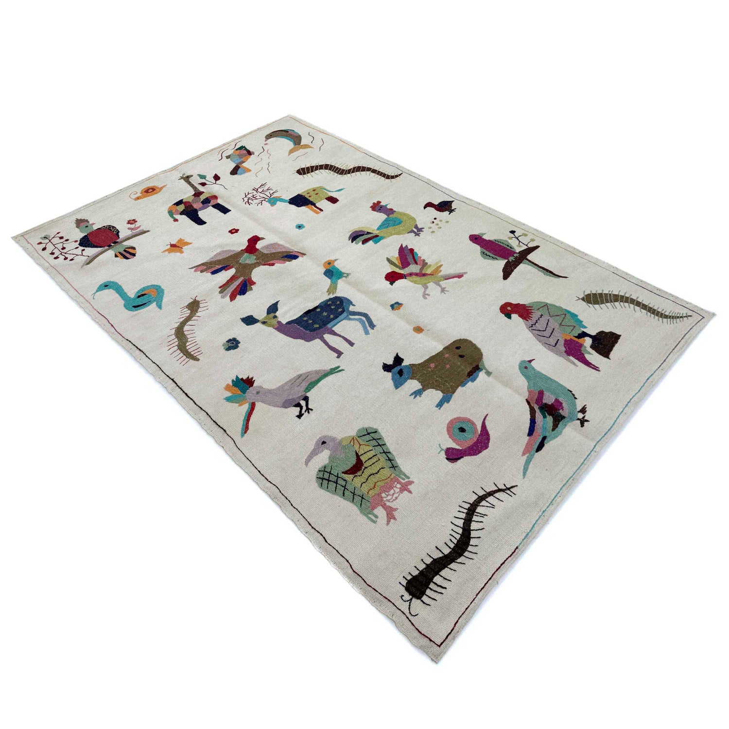 Embroidery Kilim Area Rug Handmade Beige Animal 4x6 ft