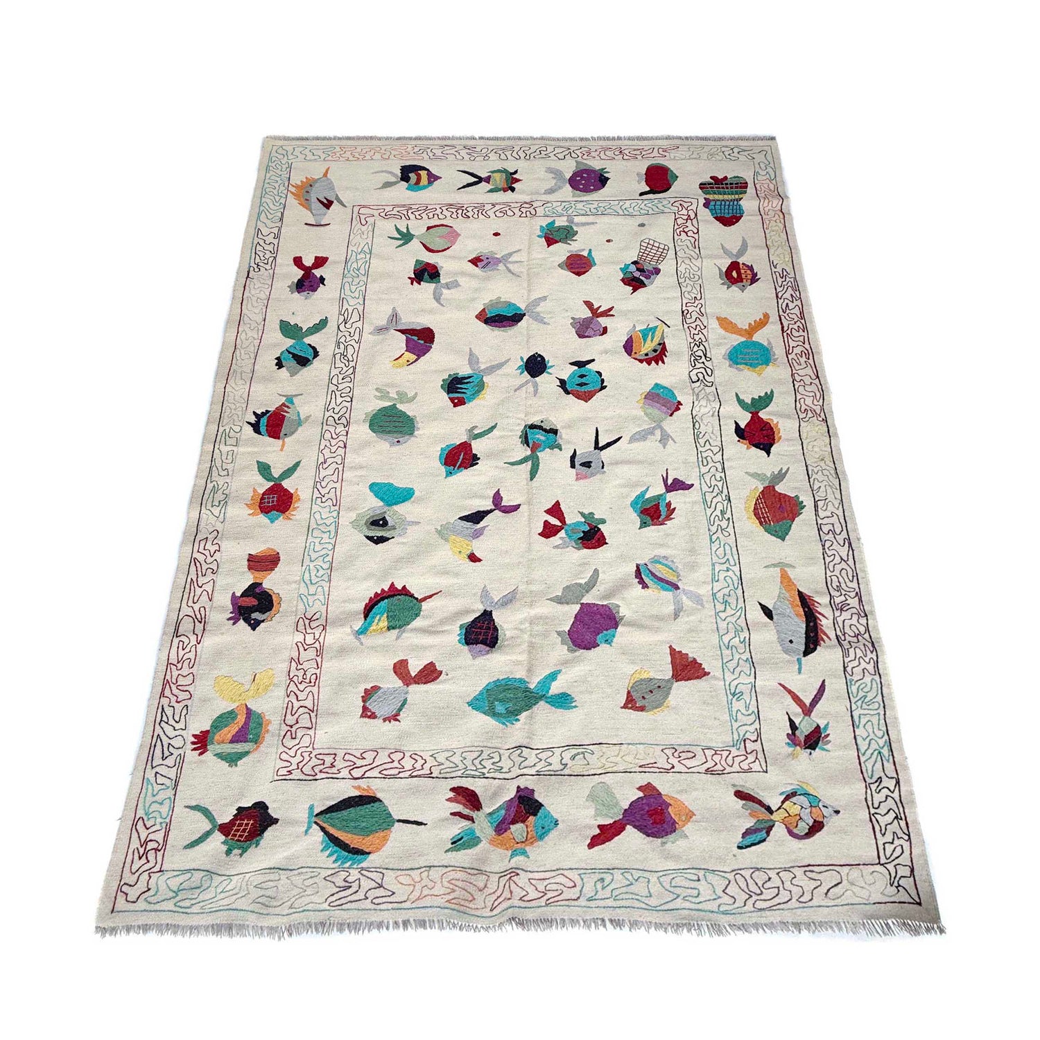 Embroidery Kilim Area Rug Handmade Beige Animal 7x10 ft