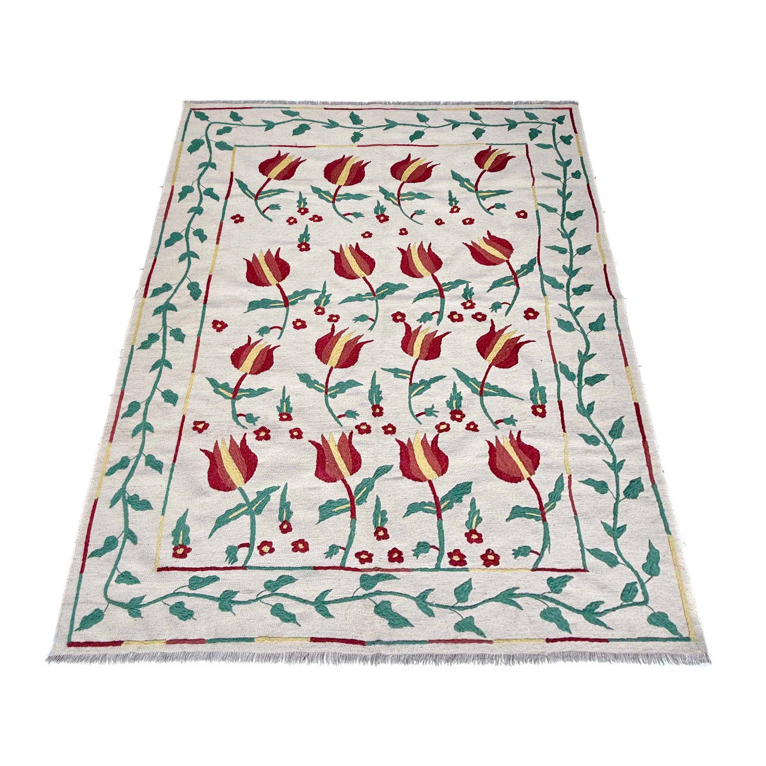 Embroidery Kilim Area Rug Handmade Beige Animal 5x8 ft